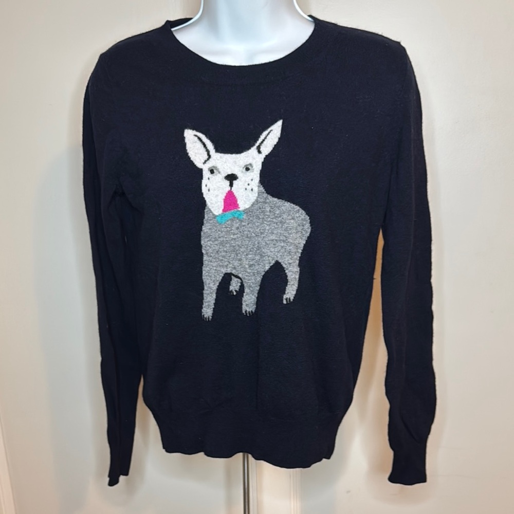 J.CREW Black Sweater with French Bulldog Design